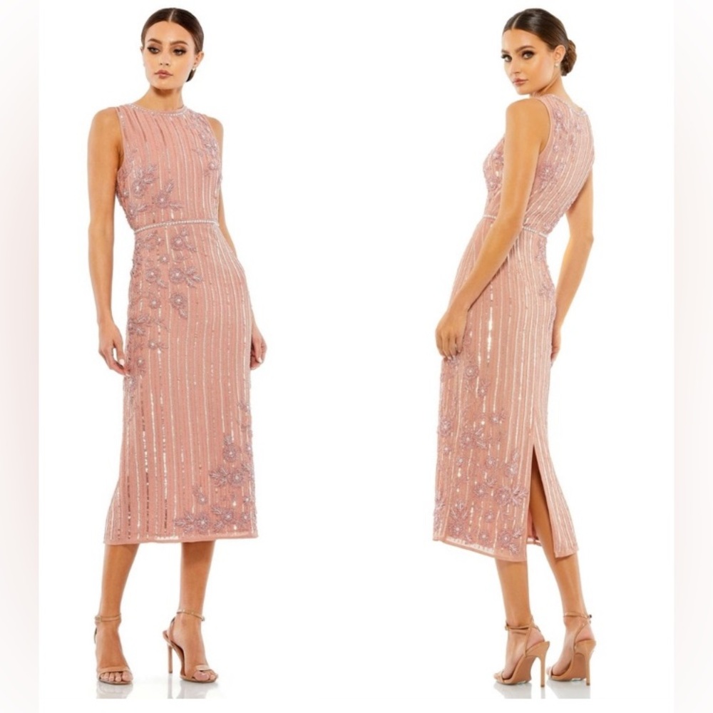 Mac Duggal rose pink sequin dress with beaded floral design